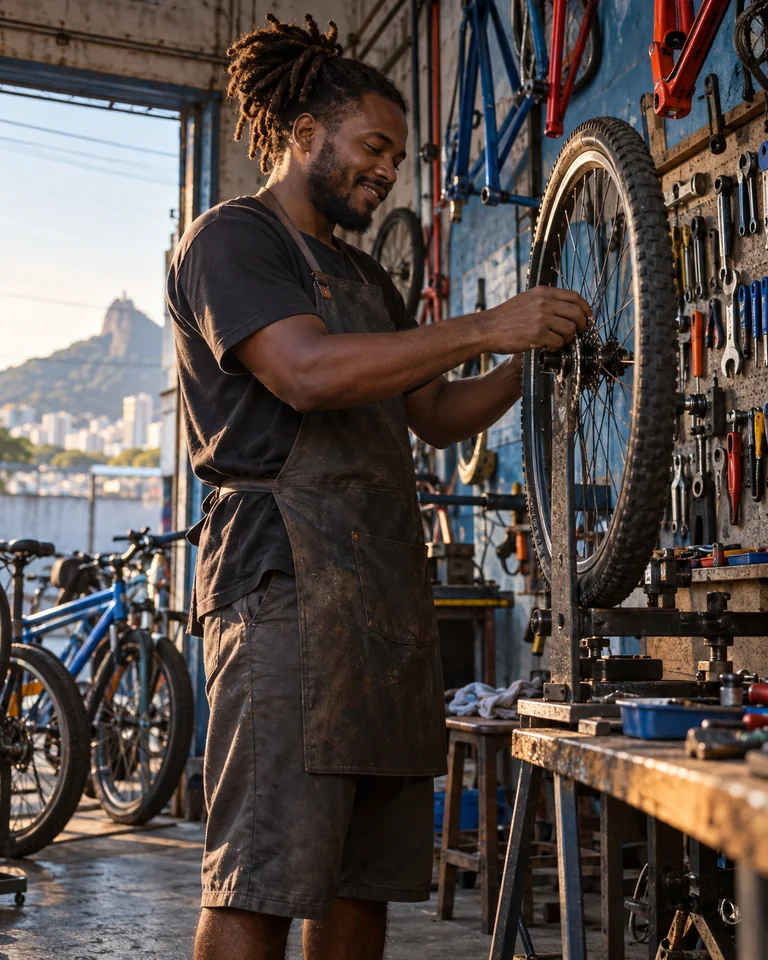 Profissional trabalhando em uma oficina de bicicletas.